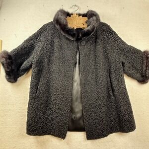 Vtg Persian Lamb Astrakhan Fur Coat Mink Black 60s Glam Rockabilly Luxury MCM
